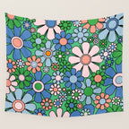 Retro Garden Flowers 60s 70s Floral Pattern in Bright Green Blue Pink Wall Tapestry Gallery Image 4