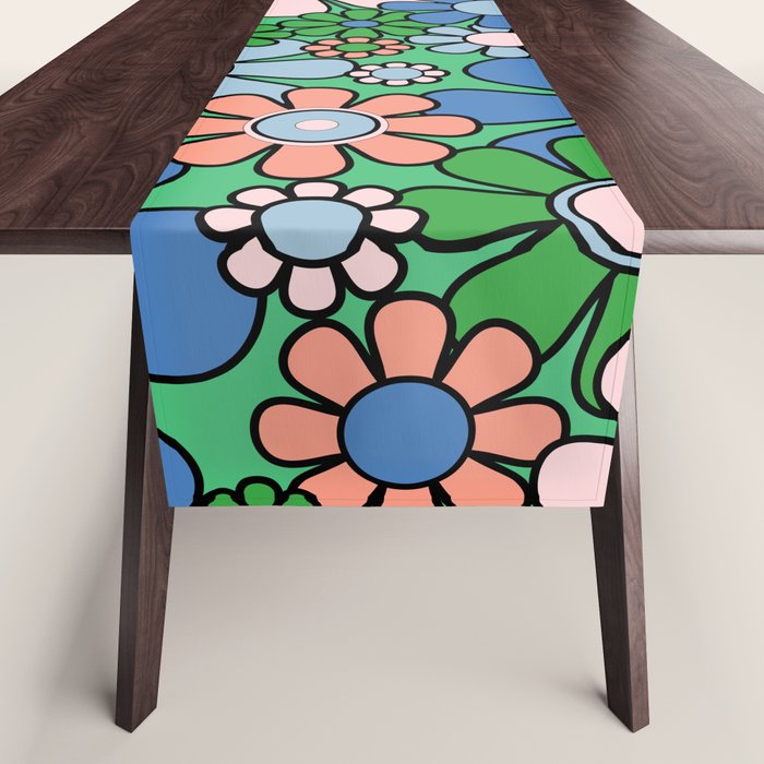 Retro Garden Flowers 60s 70s Floral Pattern in Bright Green Blue Pink Table Runner Gallery Image 1