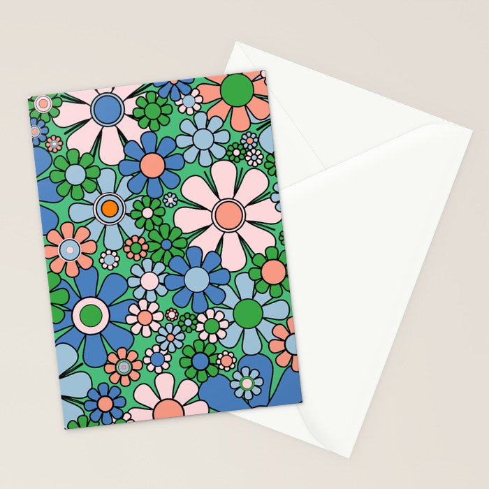 Retro Garden Flowers 60s 70s Floral Pattern in Bright Green Blue Pink Stationery Card Gallery Image 2