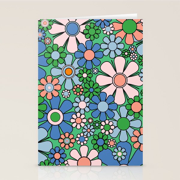 Retro Garden Flowers 60s 70s Floral Pattern in Bright Green Blue Pink Stationery Card Gallery Image 2