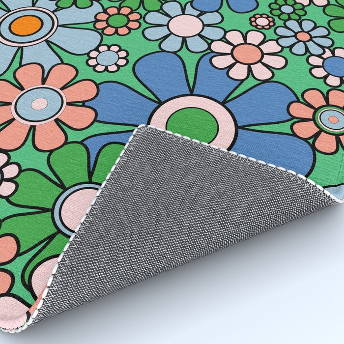 Retro Garden Flowers 60s 70s Floral Pattern in Bright Green Blue Pink Rug Gallery Image 4