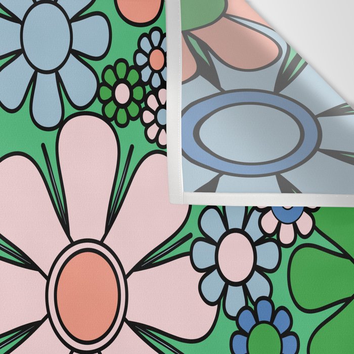 Retro Garden Flowers 60s 70s Floral Pattern in Bright Green Blue Pink Wall Tapestry Gallery Image 3