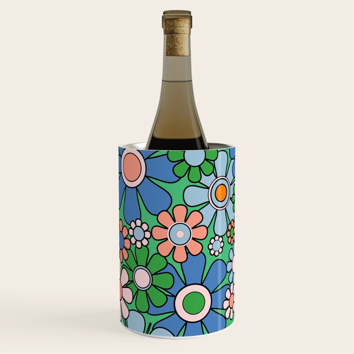 Retro Garden Flowers 60s 70s Floral Pattern in Bright Green Blue Pink Wine Chiller Gallery Image 2