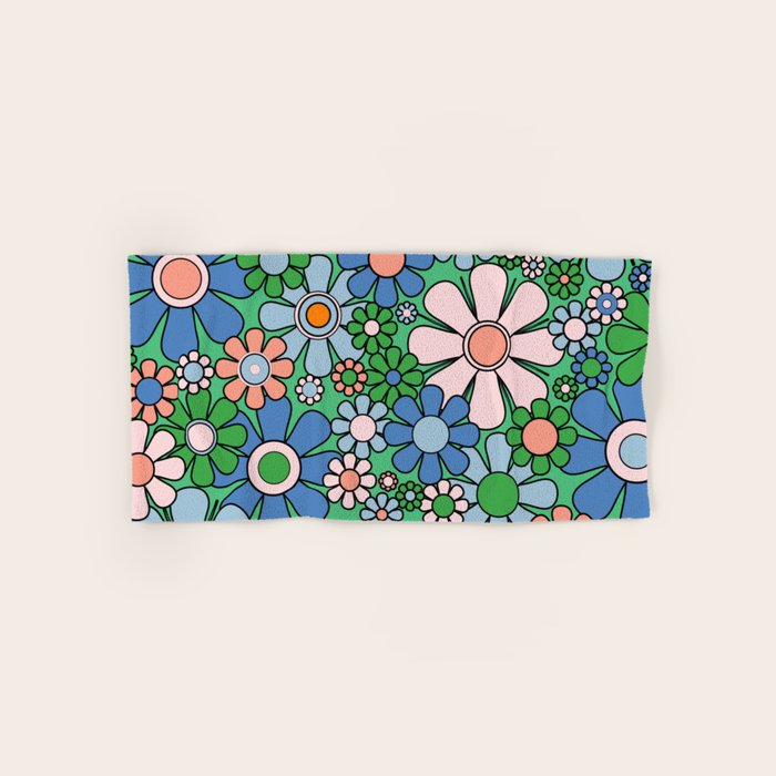 Retro Garden Flowers 60s 70s Floral Pattern in Bright Green Blue Pink Bath Towel Gallery Image 1
