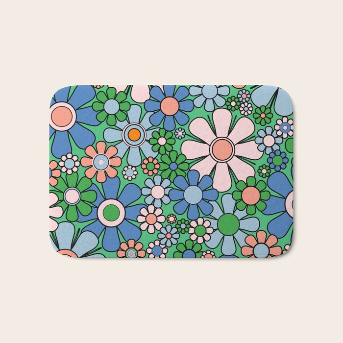 Retro Garden Flowers 60s 70s Floral Pattern in Bright Green Blue Pink Bath Mat Gallery Image 1
