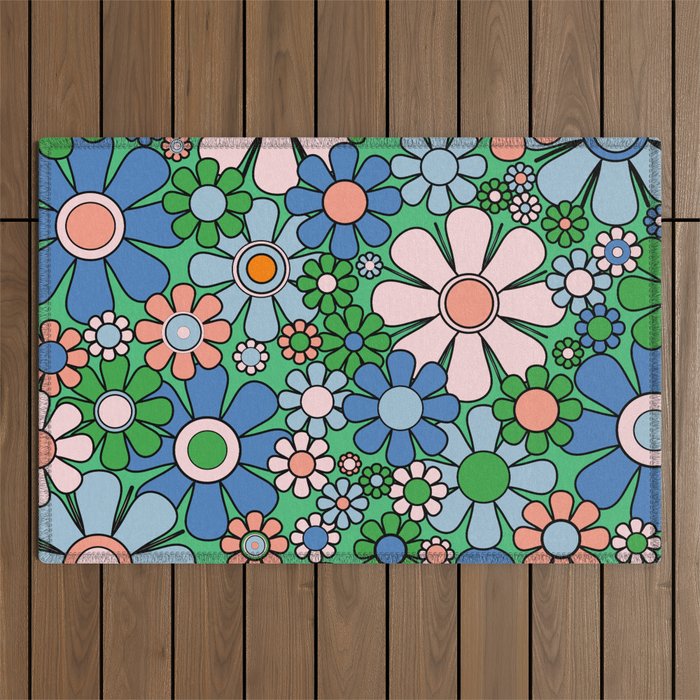 Retro Garden Flowers 60s 70s Floral Pattern in Bright Green Blue Pink Outdoor Rug Gallery Image 1