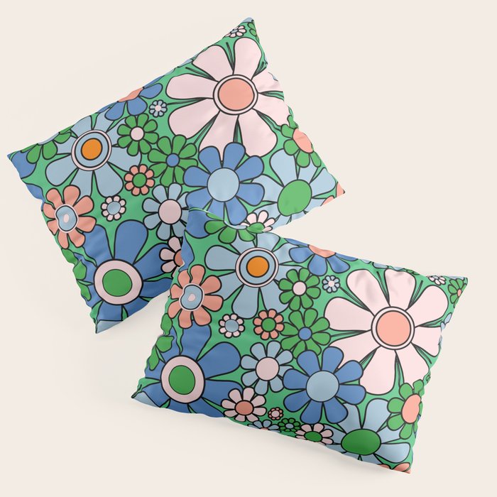 Retro Garden Flowers 60s 70s Floral Pattern in Bright Green Blue Pink Pillow Sham Gallery Image 3