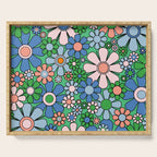 Retro Garden Flowers 60s 70s Floral Pattern in Bright Green Blue Pink Serving Tray Gallery Image 1