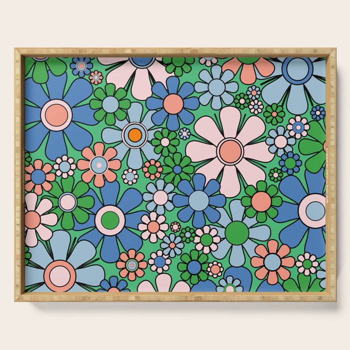 Retro Garden Flowers 60s 70s Floral Pattern in Bright Green Blue Pink Serving Tray Gallery Image 1