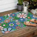 Retro Garden Flowers 60s 70s Floral Pattern in Bright Green Blue Pink Outdoor Rug Gallery Image 2