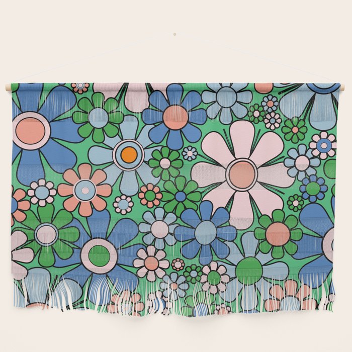 Retro Garden Flowers 60s 70s Floral Pattern in Bright Green Blue Pink Wall Hanging Gallery Image 1