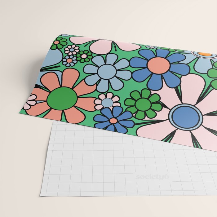 Retro Garden Flowers 60s 70s Floral Pattern in Bright Green Blue Pink Wrapping Paper Gallery Image 2
