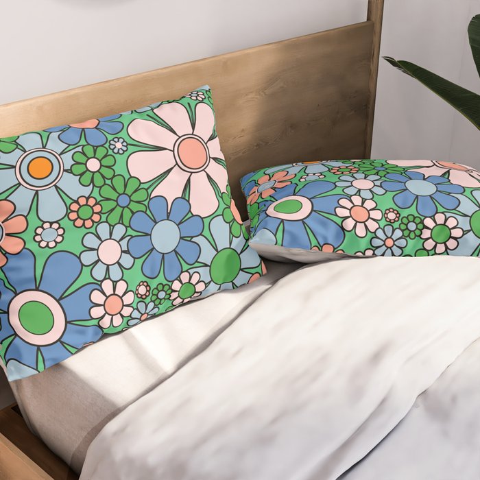 Retro Garden Flowers 60s 70s Floral Pattern in Bright Green Blue Pink Pillow Sham Gallery Image 2
