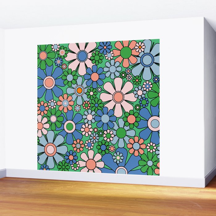 Retro Garden Flowers 60s 70s Floral Pattern in Bright Green Blue Pink Wall Mural Gallery Image 2