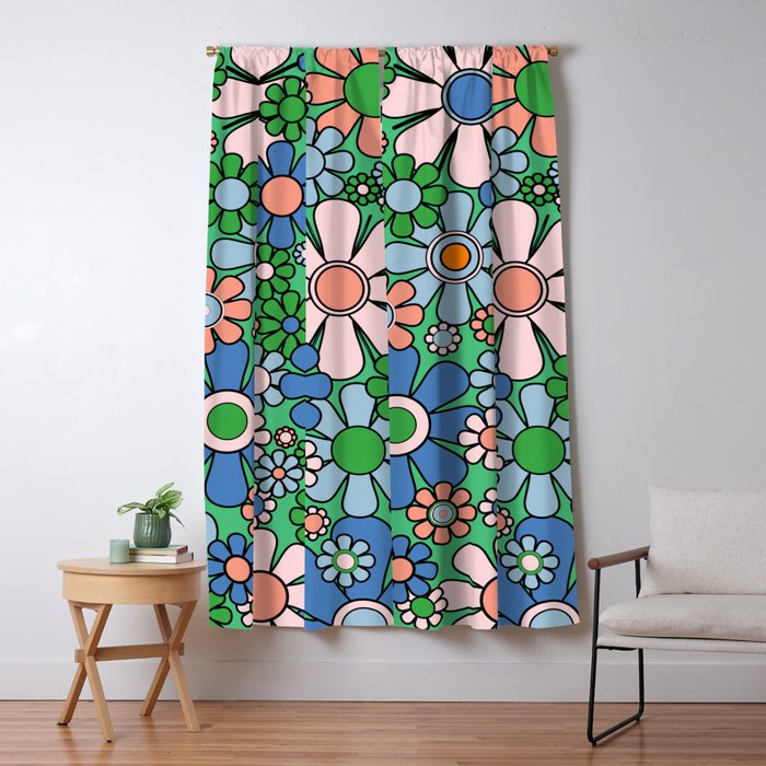 Retro Garden Flowers 60s 70s Floral Pattern in Bright Green Blue Pink Window Curtain Gallery Image 1
