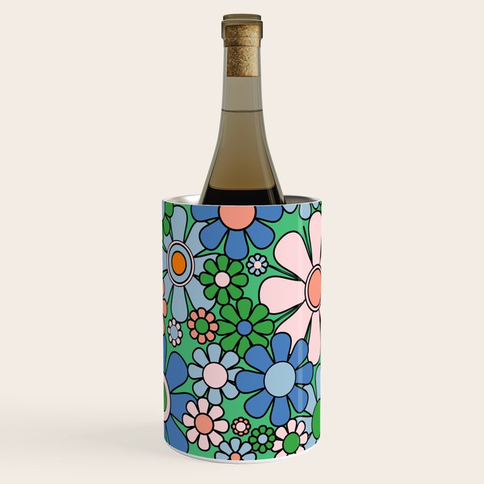 Retro Garden Flowers 60s 70s Floral Pattern in Bright Green Blue Pink Wine Chiller Gallery Image 1