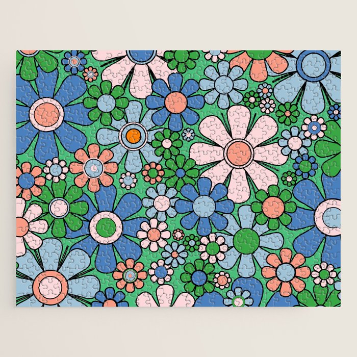 Retro Garden Flowers 60s 70s Floral Pattern in Bright Green Blue Pink Jigsaw Puzzle Gallery Image 1