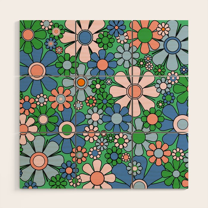 Retro Garden Flowers 60s 70s Floral Pattern in Bright Green Blue Pink Wood Wall Art Gallery Image 1