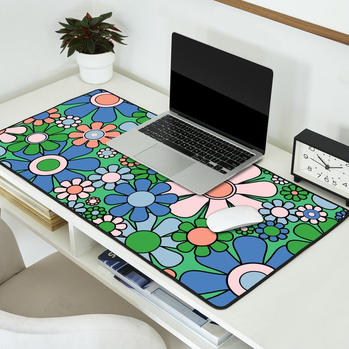 Retro Garden Flowers 60s 70s Floral Pattern in Bright Green Blue Pink Desk Mat Gallery Image 2