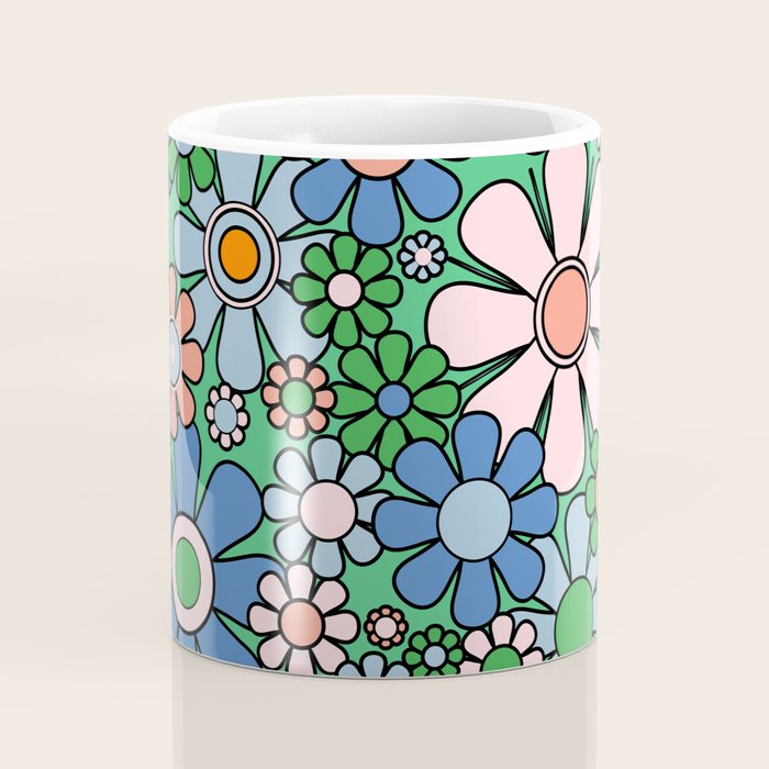 Retro Garden Flowers 60s 70s Floral Pattern in Bright Green Blue Pink Coffee Mug Gallery Image 4