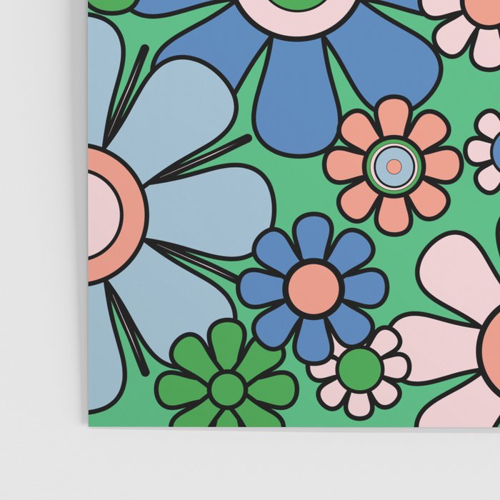 Retro Garden Flowers 60s 70s Floral Pattern in Bright Green Blue Pink Poster Gallery Image 3