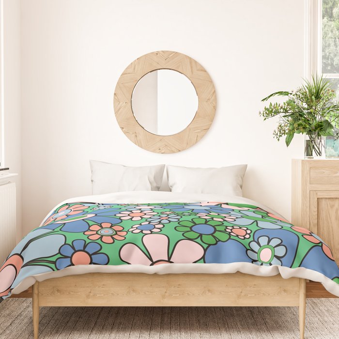 Retro Garden Flowers 60s 70s Floral Pattern in Bright Green Blue Pink Duvet Cover Gallery Image 3