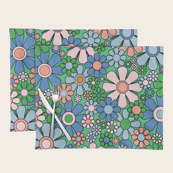 Retro Garden Flowers 60s 70s Floral Pattern in Bright Green Blue Pink Placemat Gallery Image 1