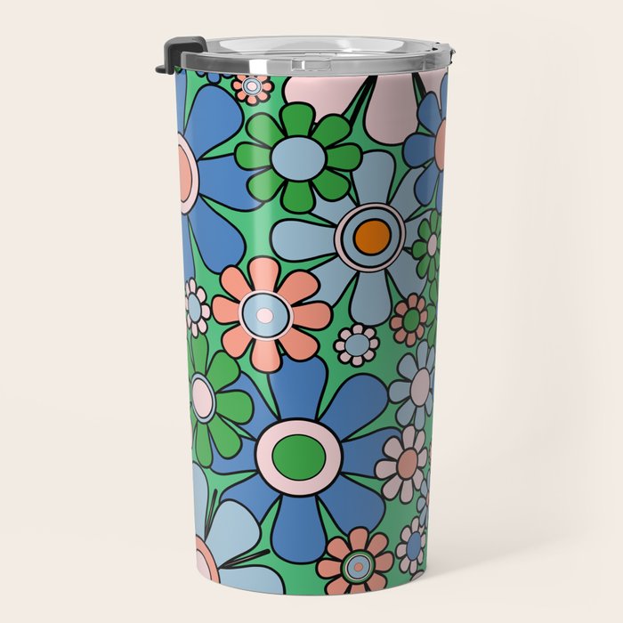 Retro Garden Flowers 60s 70s Floral Pattern in Bright Green Blue Pink Travel Mug Gallery Image 3