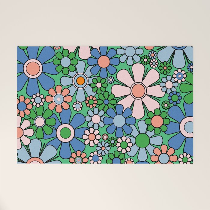 Retro Garden Flowers 60s 70s Floral Pattern in Bright Green Blue Pink Welcome Mat Gallery Image 1
