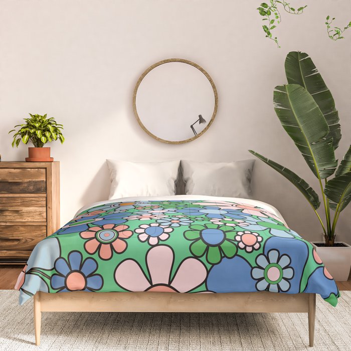 Retro Garden Flowers 60s 70s Floral Pattern in Bright Green Blue Pink Comforter Gallery Image 3