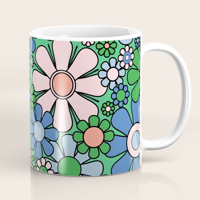 Retro Garden Flowers 60s 70s Floral Pattern in Bright Green Blue Pink Coffee Mug Gallery Image 1