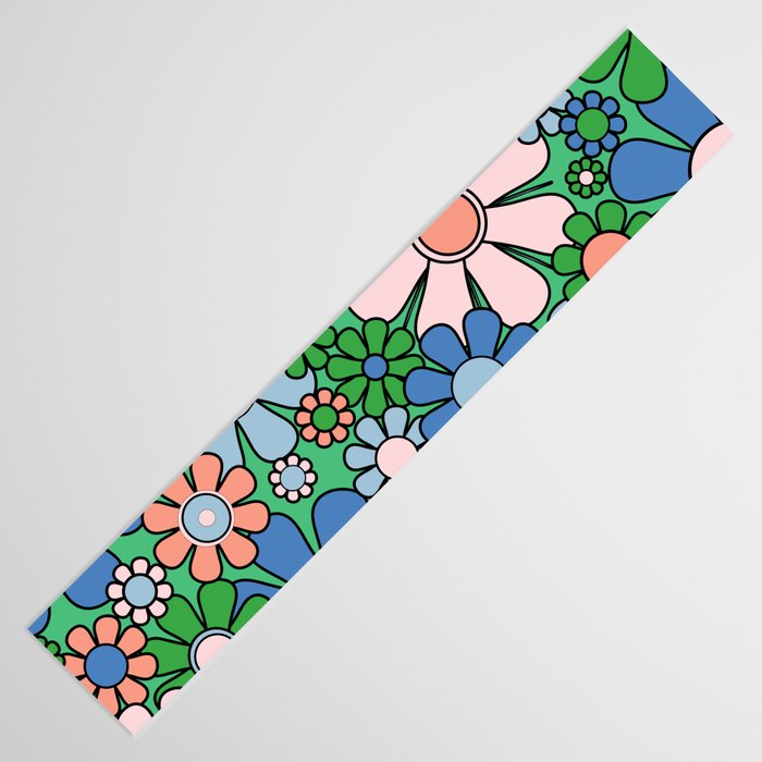 Retro Garden Flowers 60s 70s Floral Pattern in Bright Green Blue Pink Table Runner Gallery Image 3