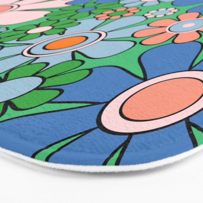 Retro Garden Flowers 60s 70s Floral Pattern in Bright Green Blue Pink Bath Mat Gallery Image 3
