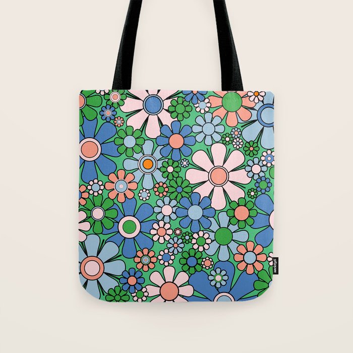 Retro Garden Flowers 60s 70s Floral Pattern in Bright Green Blue Pink Tote Bag Gallery Image 1