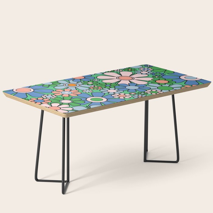 Retro Garden Flowers 60s 70s Floral Pattern in Bright Green Blue Pink Coffee Table Gallery Image 1