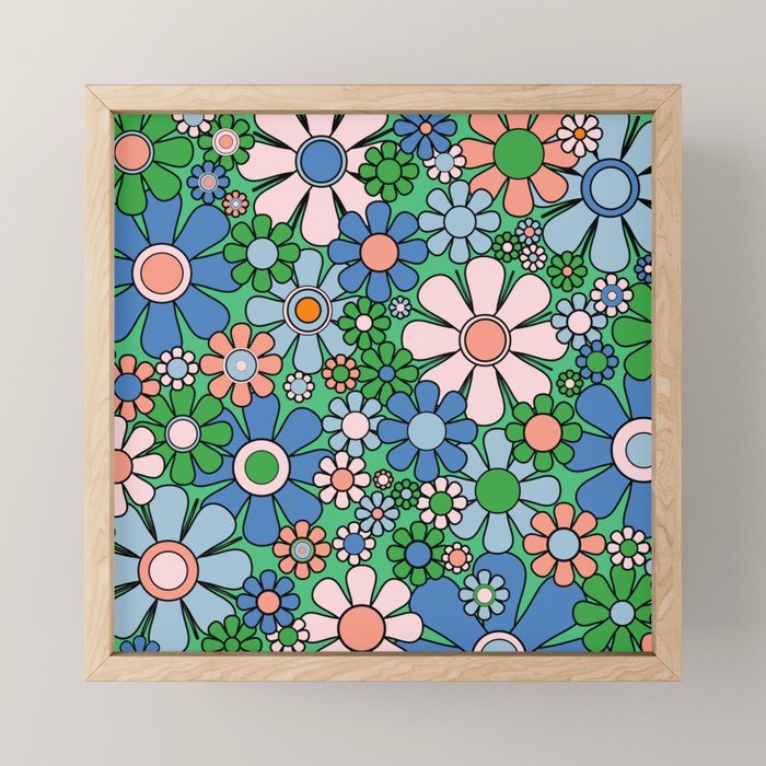 Retro Garden Flowers 60s 70s Floral Pattern in Bright Green Blue Pink Mini Art Print Gallery Image 1