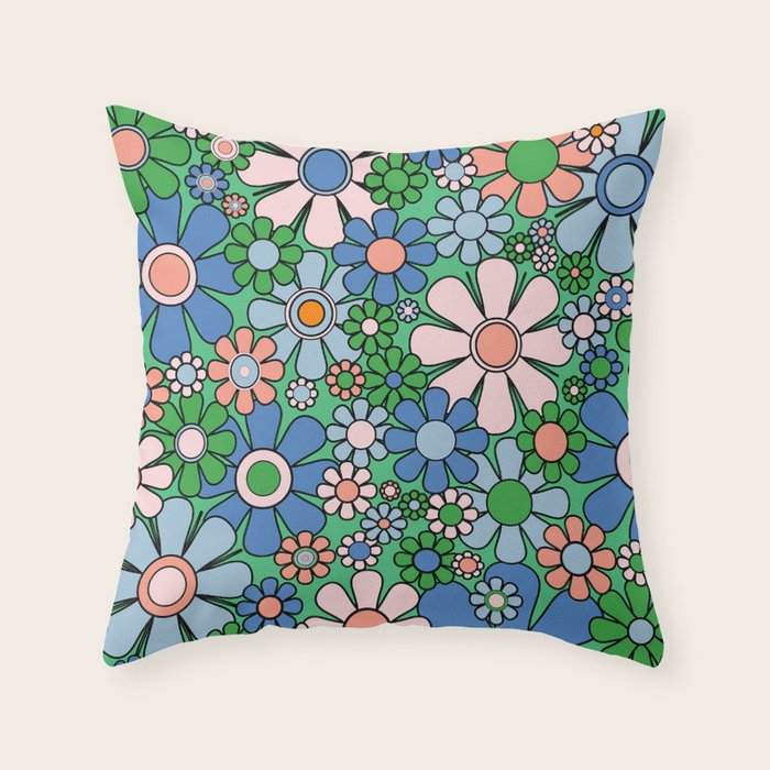 Retro Garden Flowers 60s 70s Floral Pattern in Bright Green Blue Pink Throw Pillow Gallery Image 1