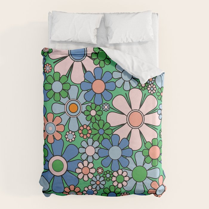 Retro Garden Flowers 60s 70s Floral Pattern in Bright Green Blue Pink Duvet Cover Gallery Image 1