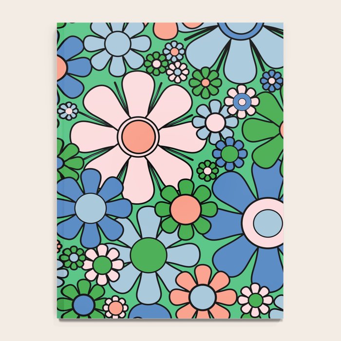 Retro Garden Flowers 60s 70s Floral Pattern in Bright Green Blue Pink Notebook Gallery Image 4
