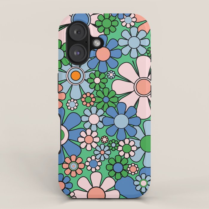 Retro Garden Flowers 60s 70s Floral Pattern in Bright Green Blue Pink iPhone Case Gallery Image 1
