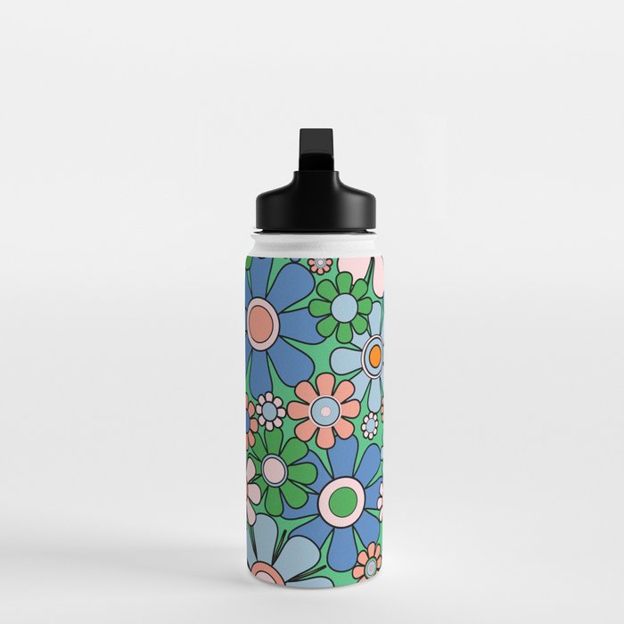 Retro Garden Flowers 60s 70s Floral Pattern in Bright Green Blue Pink Water Bottle Gallery Image 3