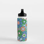 Retro Garden Flowers 60s 70s Floral Pattern in Bright Green Blue Pink Water Bottle Gallery Image 3