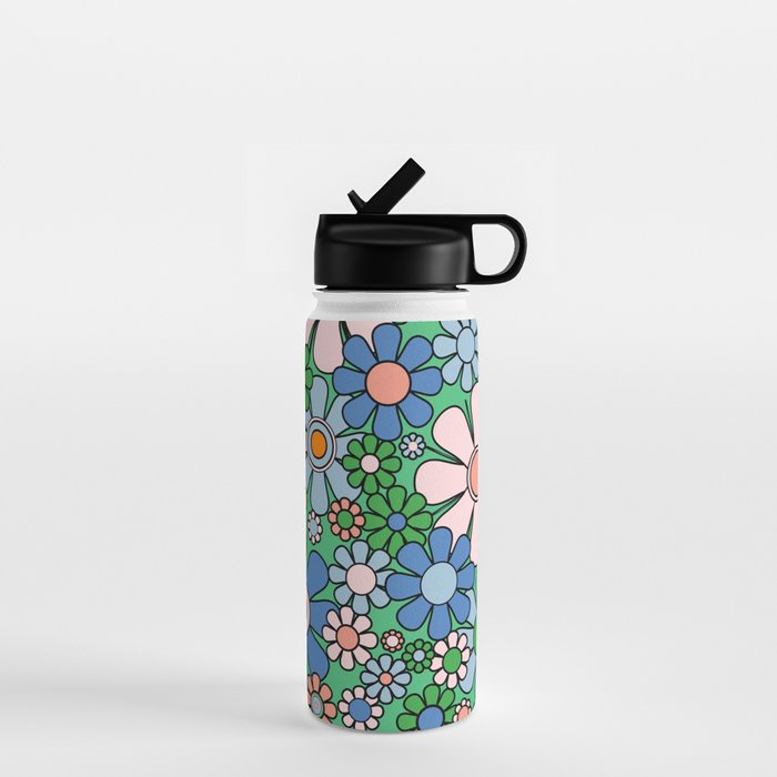 Retro Garden Flowers 60s 70s Floral Pattern in Bright Green Blue Pink Water Bottle Gallery Image 1