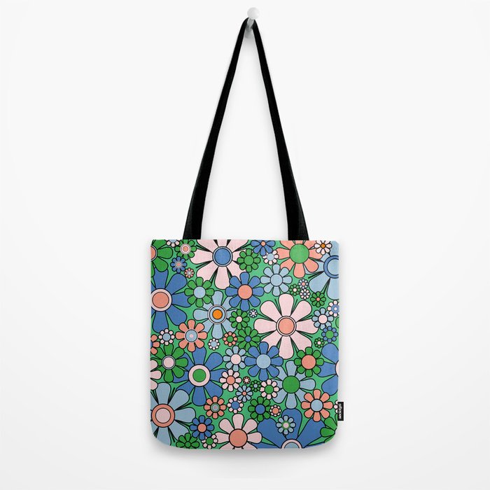 Retro Garden Flowers 60s 70s Floral Pattern in Bright Green Blue Pink Tote Bag Gallery Image 2