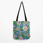 Retro Garden Flowers 60s 70s Floral Pattern in Bright Green Blue Pink Tote Bag Gallery Image 2