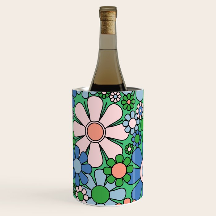 Retro Garden Flowers 60s 70s Floral Pattern in Bright Green Blue Pink Wine Chiller Gallery Image 3