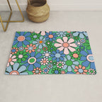 Retro Garden Flowers 60s 70s Floral Pattern in Bright Green Blue Pink Rug Gallery Image 1