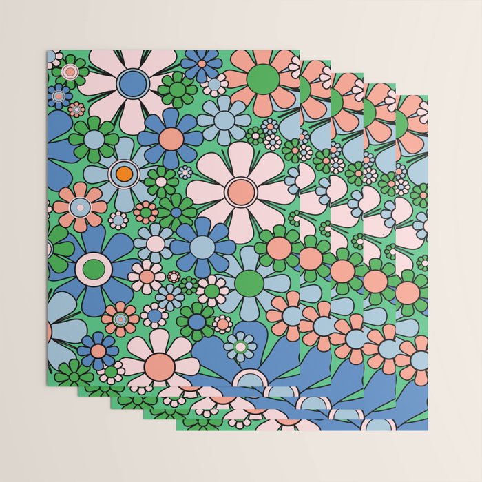 Retro Garden Flowers 60s 70s Floral Pattern in Bright Green Blue Pink Wrapping Paper Gallery Image 3