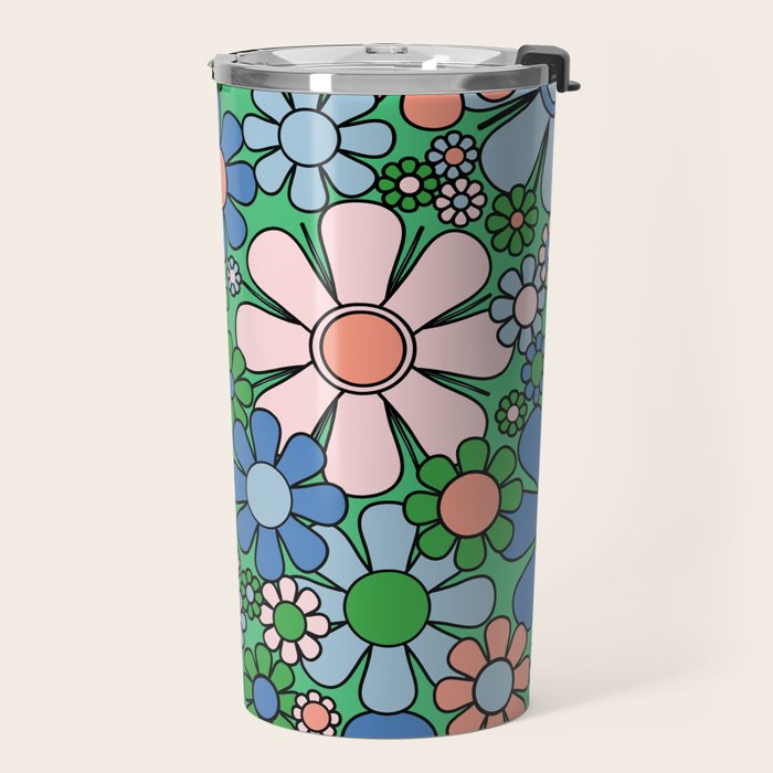 Retro Garden Flowers 60s 70s Floral Pattern in Bright Green Blue Pink Travel Mug Gallery Image 2