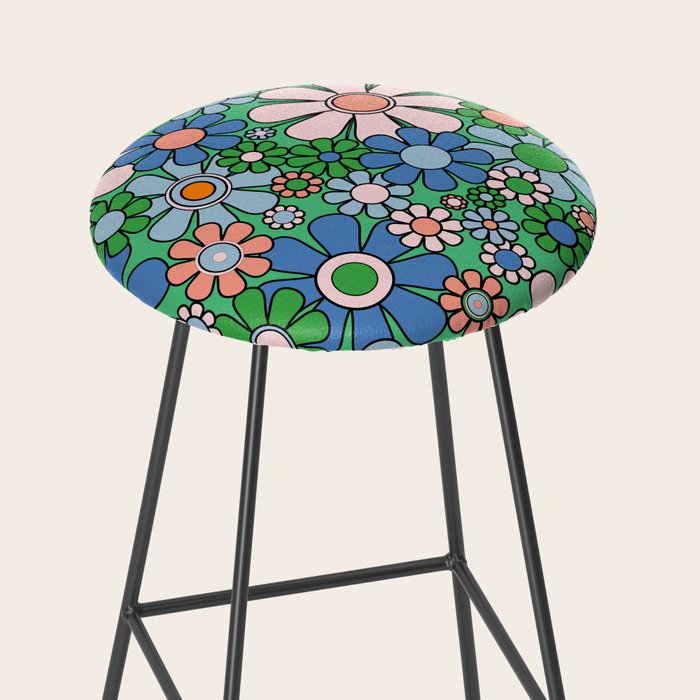 Retro Garden Flowers 60s 70s Floral Pattern in Bright Green Blue Pink Stool Gallery Image 2